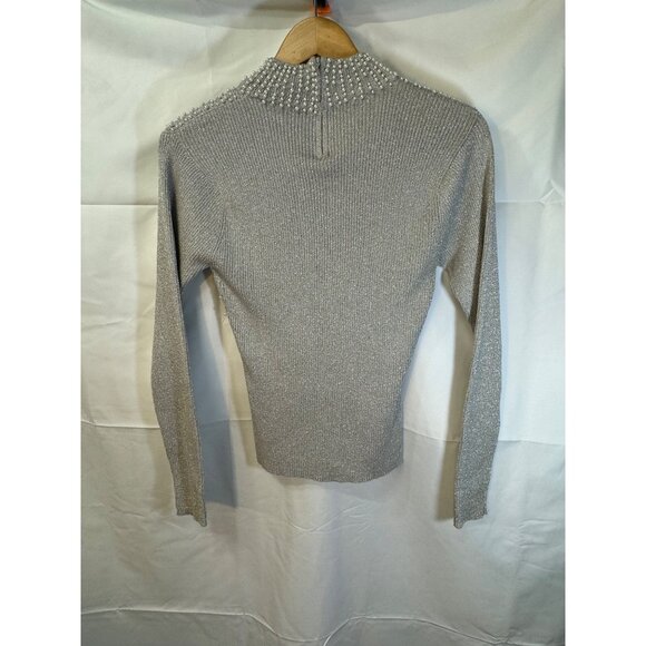 Fitted vintage heavily pearl beading silver shiny zipper back slight turtleneck - Picture 4 of 10
